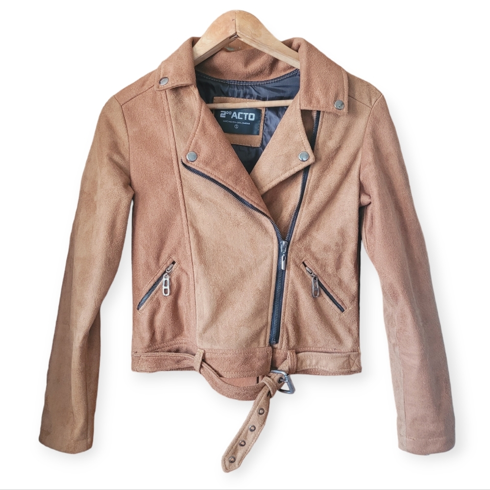 Faux Suede Motorcycle Jacket in Tan size small